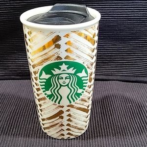Starbucks 2015 Goldbrush Ceramic Collectors 12 oz Hot Cold Lid incl